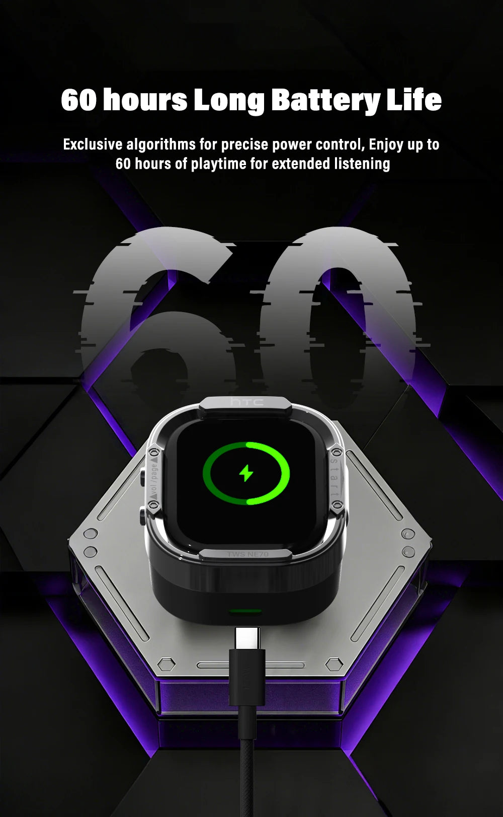 Wireless Headphones Bluetooth HTC NE70 Earphones Microphones Earbuds AI Translator 30Hours of Battery Life Full HD LCD Display