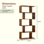 JHK 62IN Geometric Bookcase 5 Tier S-Shaped Wooden Display Bookshelf Storage Standing Shelf Stable Frame Graduated Shelves