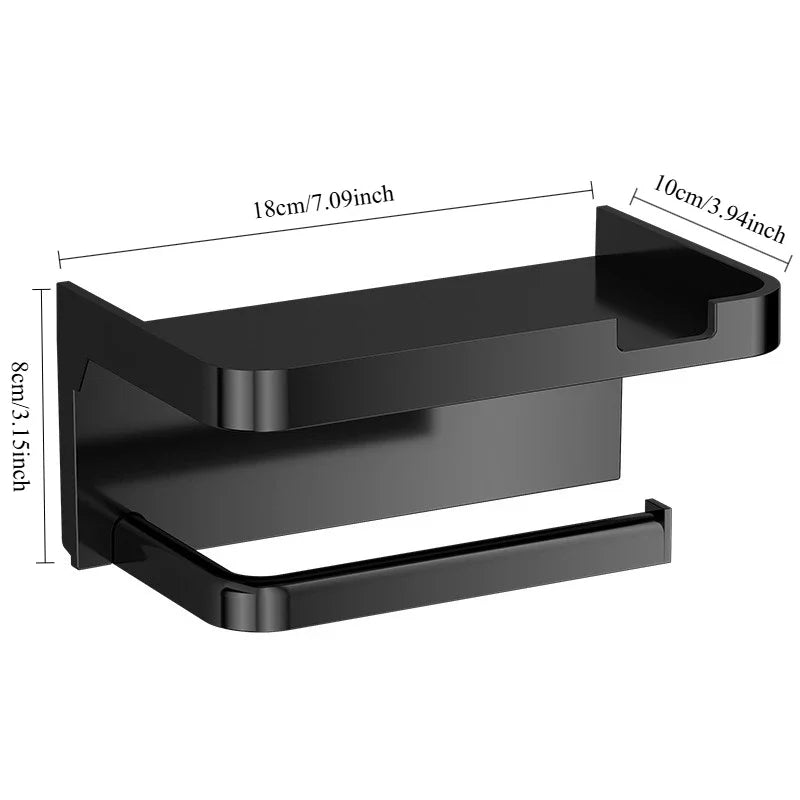‌Wall-Mounted Toilet Paper Holder with Phone Rack - No Hole Installation, Space-Saving Storage for Bathroom, Sturdy Stand