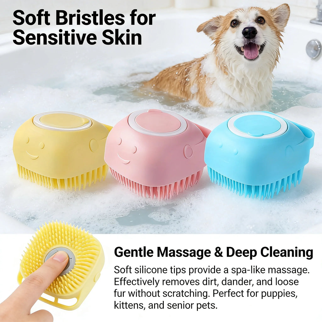 2-In-1 Pet Bath & Massage Brush With Shampoo Storage Silicone Dog Cat Grooming Tool For Puppy Kitten Sensitive Skin
