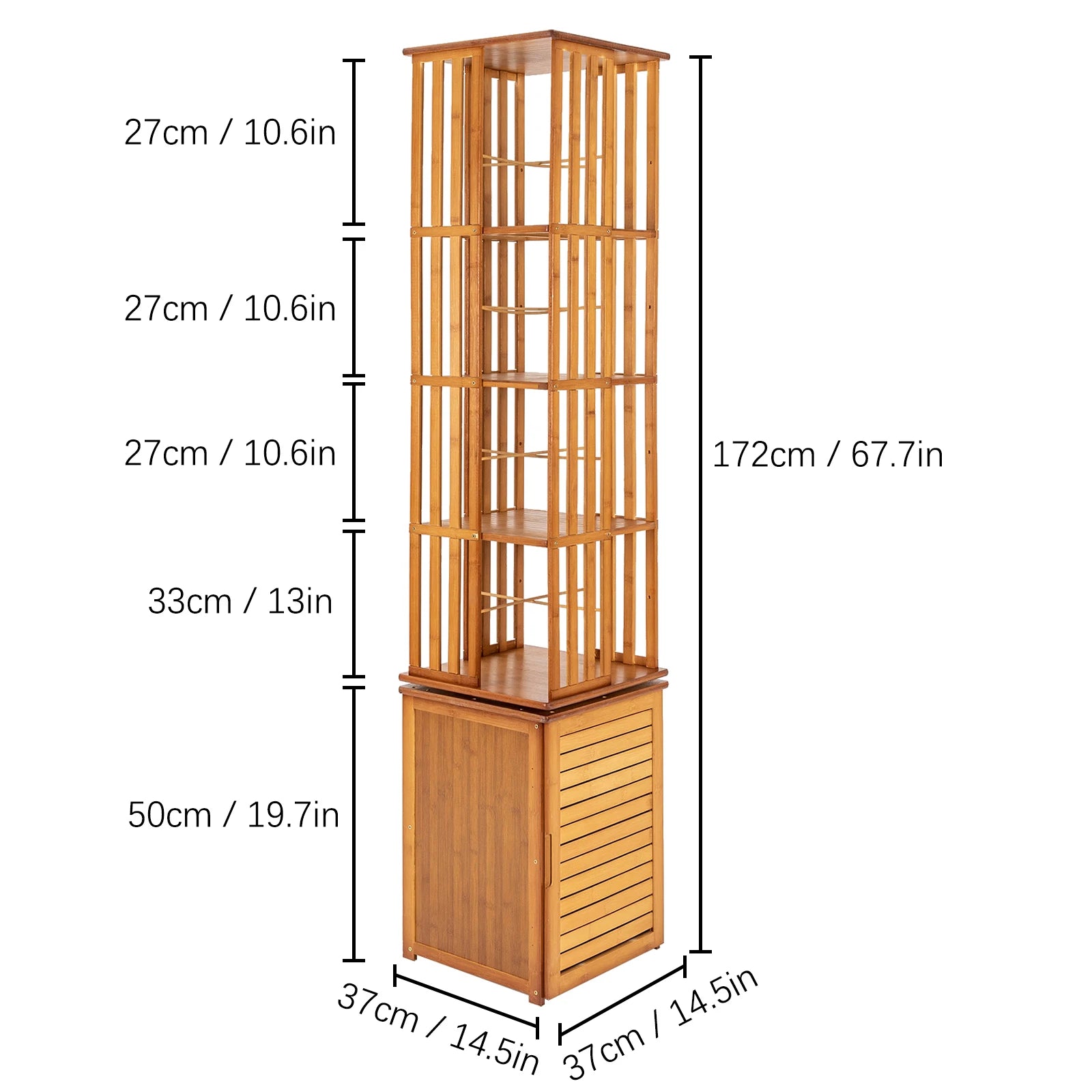 6-Tier Corner Bamboo Book Shelf Waterproof 360° Rotating Storage Display Rack Floor Standing Bookcase Shutter Door Design for Living Room Study Room Office,37*37*172cm