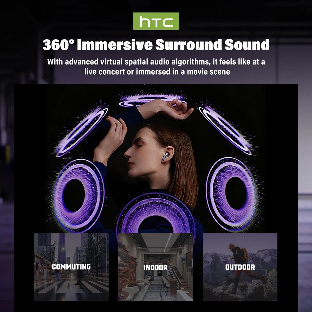 Wireless Headphones Bluetooth HTC NE70 Earphones Microphones Earbuds AI Translator 30Hours of Battery Life Full HD LCD Display