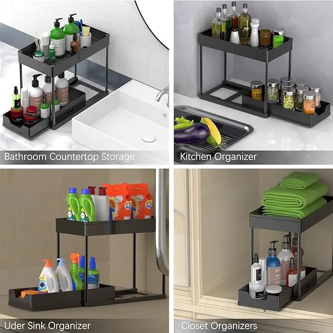 2 Tier Sliding Under Sink Organizer with 5 Side Hooks and 3 Detachable Hanging Baskets,Pull Out Rustproof Metal Storage Rack,Tool Free Assembly,Multi Scene Space Saving Shelf for Kitchen,Bathroom,Laundry Room,Pantry,Apartment