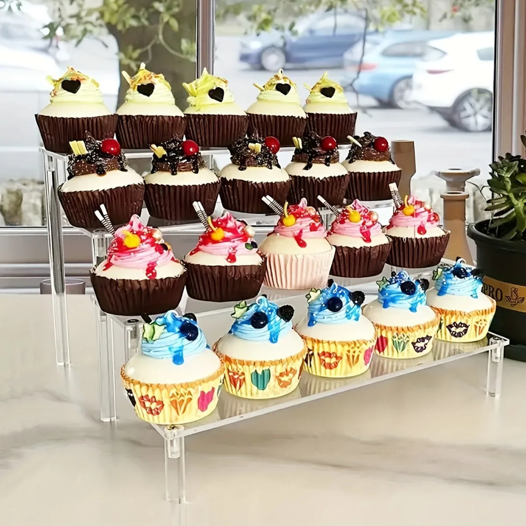 3-Tier Clear Acrylic Display Stand Jewelry Makeup Cupcake Organizer Transparent Shelf Sturdy Base Space-Saving Storage