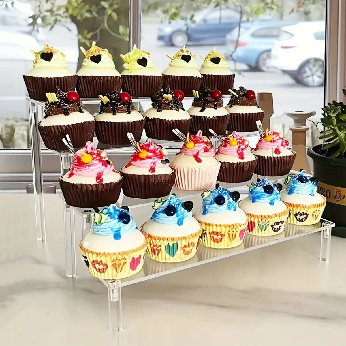 3-Tier Clear Acrylic Display Stand Jewelry Makeup Cupcake Organizer Transparent Shelf Sturdy Base Space-Saving Storage