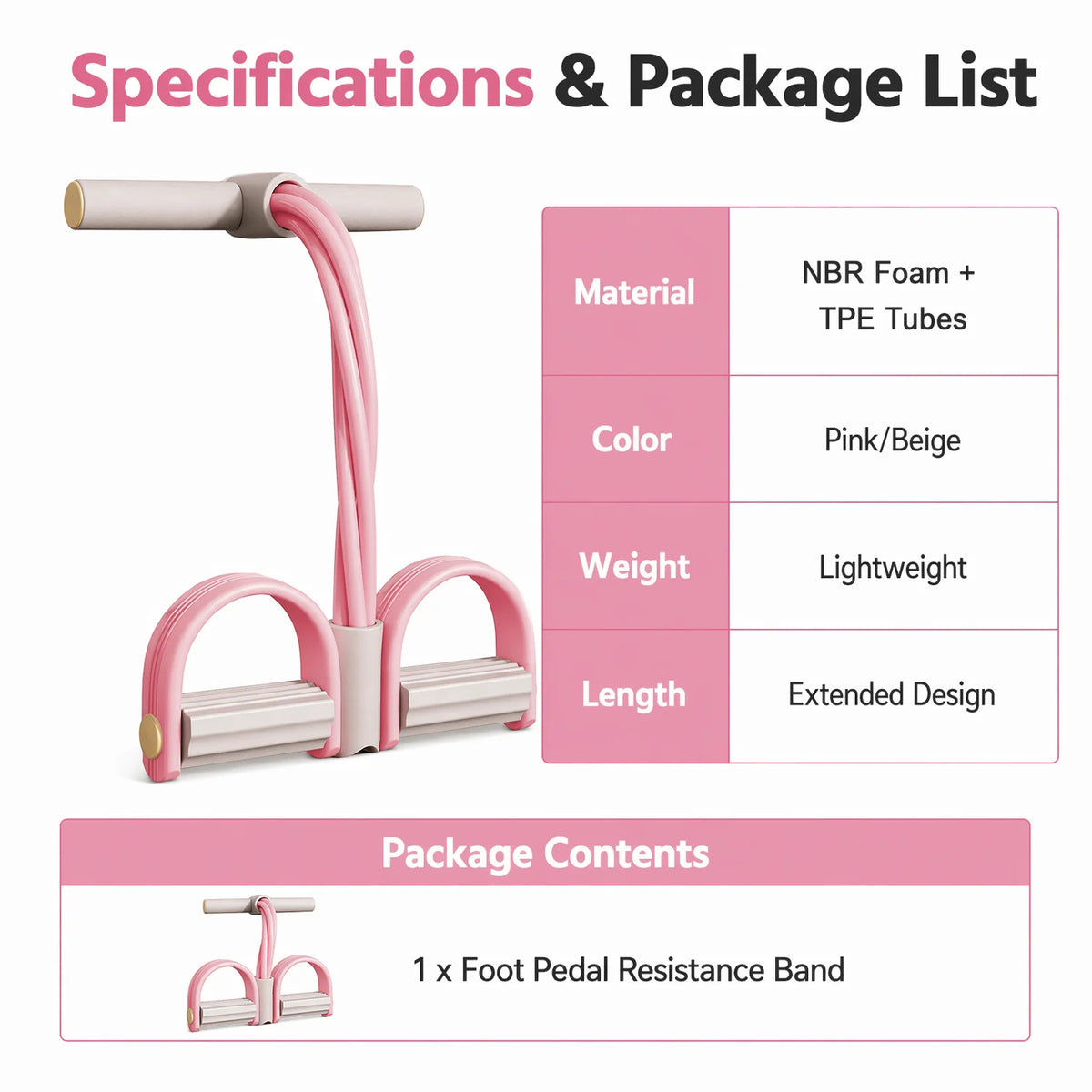 Pink 6-Tube Foot Pedal Resistance Band Space-Saving Figure Sculpting Tool Portable Home Fitness for Ab Core Back Shaping