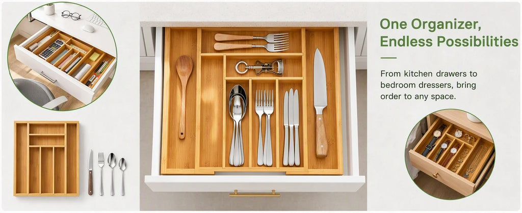 Bamboo Expandable Drawer Organizer for Utensils Holder, Adjustable Silverware Organizer Cutlery Tray, Drawer Dividers for Utensils, Flatware, Knives in Kitchen, Bedroom, Living Room