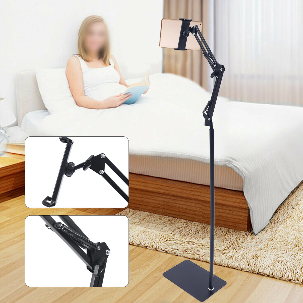 Tablet Floor Stand, 360° Swivel Adjustable Height & Angle, Heavy Duty Carbon Steel, Non-Slip Base, Portable & Foldable, Universal Holder for 12-18cm Phones & Tablets, for Home Office Kitchen Gym Bedroom, Easy Assembly