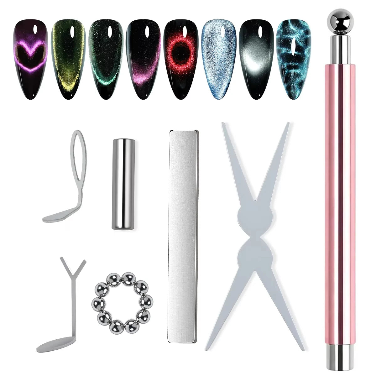 17Pcs Nail Art Nail Magnetic Stick Set Cat Eye Magnetic Ball Aluminum Handle Cylindrical UV Gel Magnet Tools Nail Design Tools