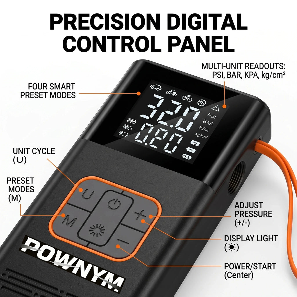 POWNYM Cordless Portable Tire Air Pump, 150PSI Wireless Inflator with Pressure Gauge & LED Light, Multi Adapters, Jump Starter for Auto Bike & Inflatable Balls