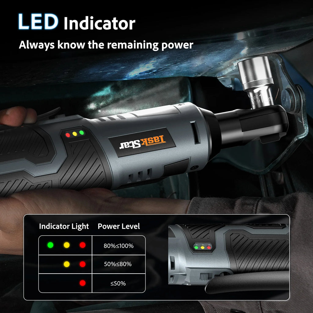 TaskStar Cordless Ratchet Wrench Kit 3/8-inch Ratchet 40N.m(max) Electric Power Angle Wrench with Variable Speed Trigger 0-200 RPM, Handheld Car Disassembly Tool with 2 Packs 2000mAh Lithium-Ion Battery&1 Charger&7 Sockets