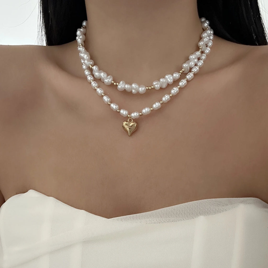 Rinhoo Double Layer Imitation Pearl Choker Necklace for Women Elegant Heart Pendant Necklace Versatile Jewelry Gift