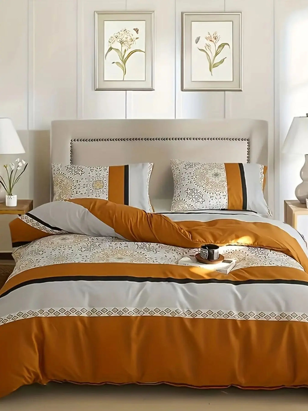 Orange-Gray Striped Print Three-Piece Duvet Cover Set, Skin-Friendly and Breathable Bedding (1 Duvet Cover + 2 Pillowcases), Ultra-Soft Breathable Fabric, Skin-Friendly, Comfortable, Breathable, Machine Washable, All-Season B