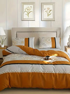 Orange-Gray Striped Print Three-Piece Duvet Cover Set, Skin-Friendly and Breathable Bedding (1 Duvet Cover + 2 Pillowcases), Ultra-Soft Breathable Fabric, Skin-Friendly, Comfortable, Breathable, Machine Washable, All-Season B
