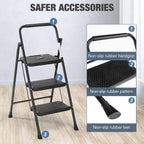 JHK Folding 2/3 Step Ladder Stool with Anti-Slip Pedal 800lbs Capacity Sturdy Steel Portable Cushioned Handle for Kitchen Home