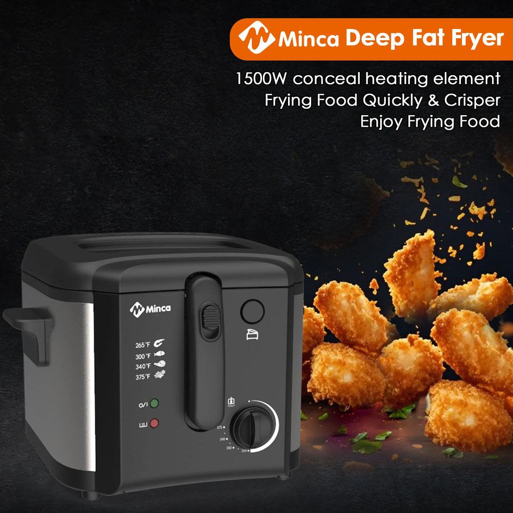 M Minca 2.5L Deep Fryer, 1500W Non-Stick Electric Fryer with Temperature Control, Detachable Lid & Odor Filter, Removable Frying Basket, Non-Slip Base, Easy to Clean, Ideal for Small Families