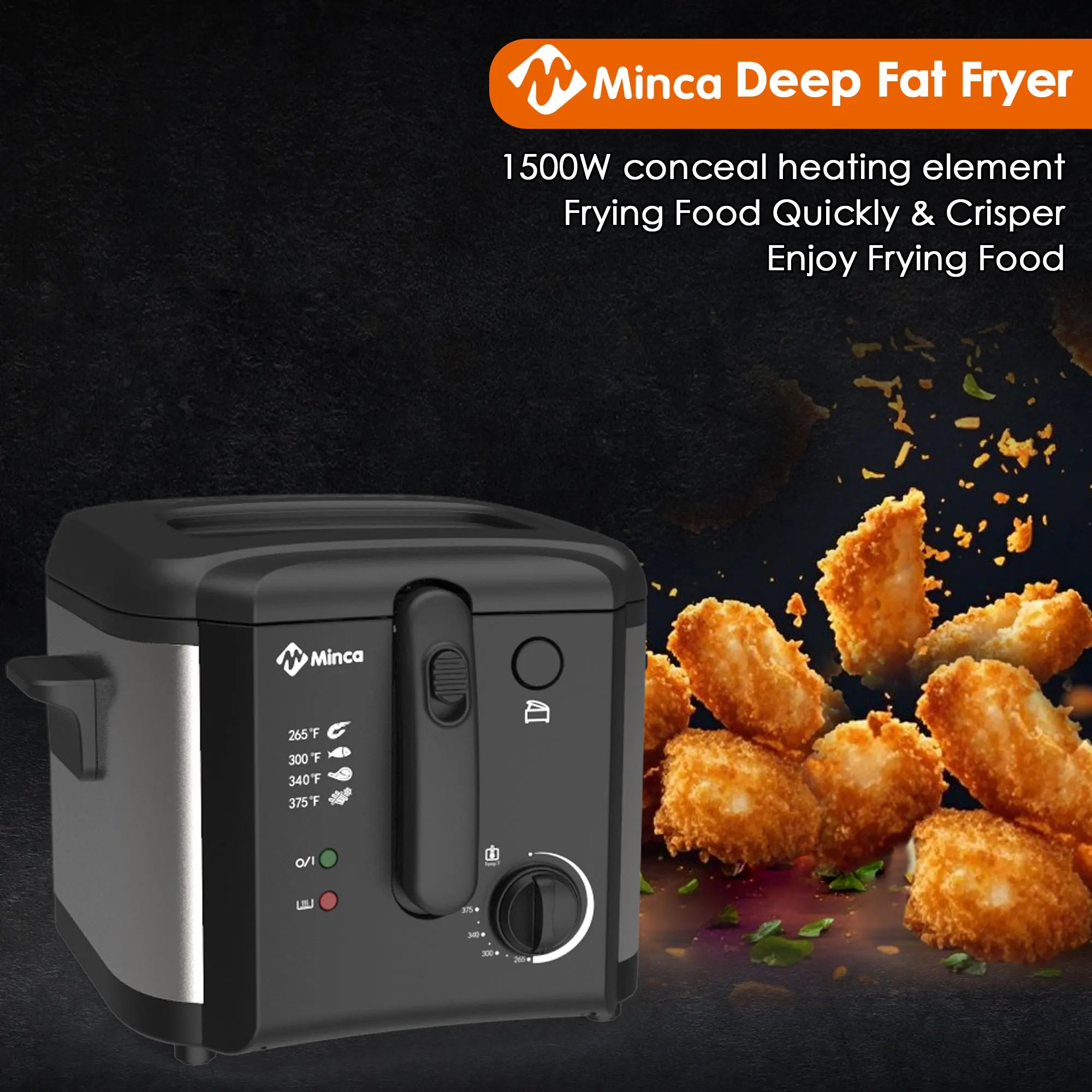 M Minca 2.5L Deep Fryer, 1500W Non-Stick Electric Fryer with Temperature Control, Detachable Lid & Odor Filter, Removable Frying Basket, Non-Slip Base, Easy to Clean, Ideal for Small Families