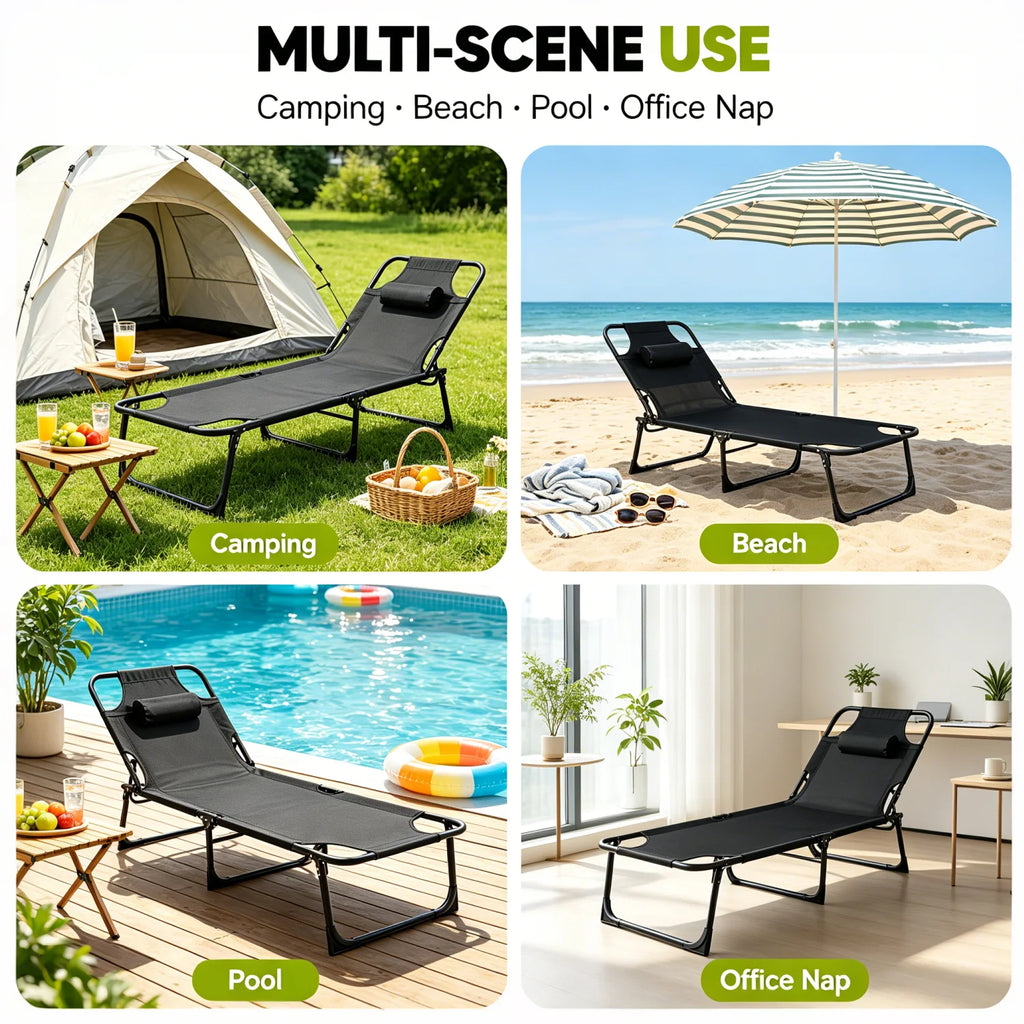 56cm Adjustable Folding Camping Lounge Chair with Removable Soft Cushion, 3 Position Reclining Portable Beach Tanning Chair, Heavy Duty 330 LBS Fold Up Outdoor Chaise Lounge for Pool Patio Office Napping Indoor & Backyard