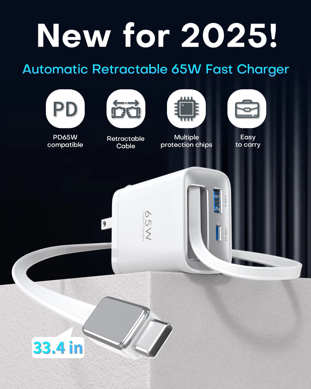 65W GaN Wall Charger with Retractable USB-C Cable, Dual-Port PD 3.0 & QC 4+ / 4.0 Fast Charging for iPhone, Galaxy, Pixel, iPad, Tablets, Nintendo Switch, AirPods