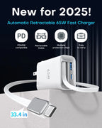 65W GaN Wall Charger with Retractable USB-C Cable, Dual-Port PD 3.0 & QC 4+ / 4.0 Fast Charging for iPhone, Galaxy, Pixel, iPad, Tablets, Nintendo Switch, AirPods