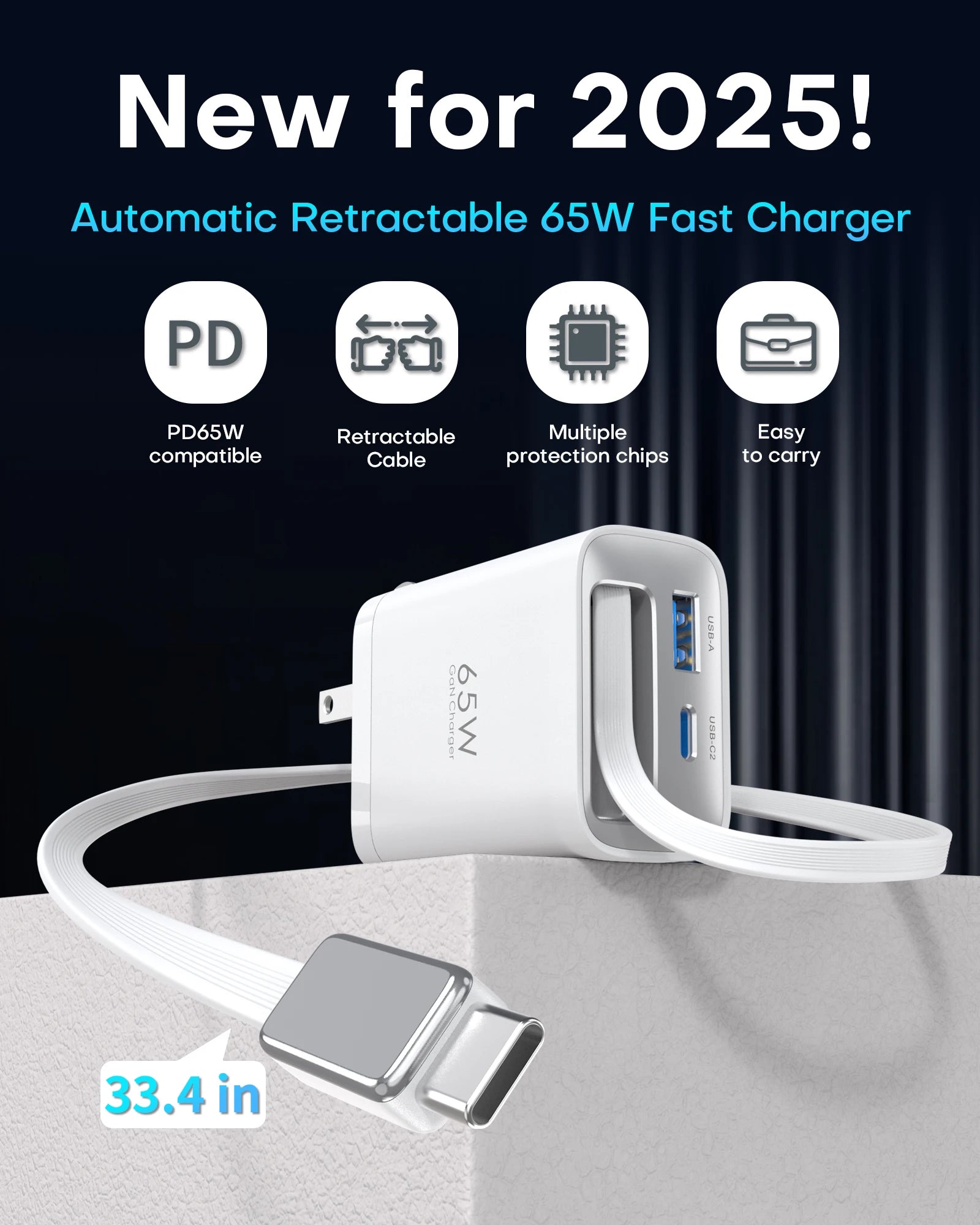 65W GaN Wall Charger with Retractable USB-C Cable, Dual-Port PD 3.0 & QC 4+ / 4.0 Fast Charging for iPhone, Galaxy, Pixel, iPad, Tablets, Nintendo Switch, AirPods