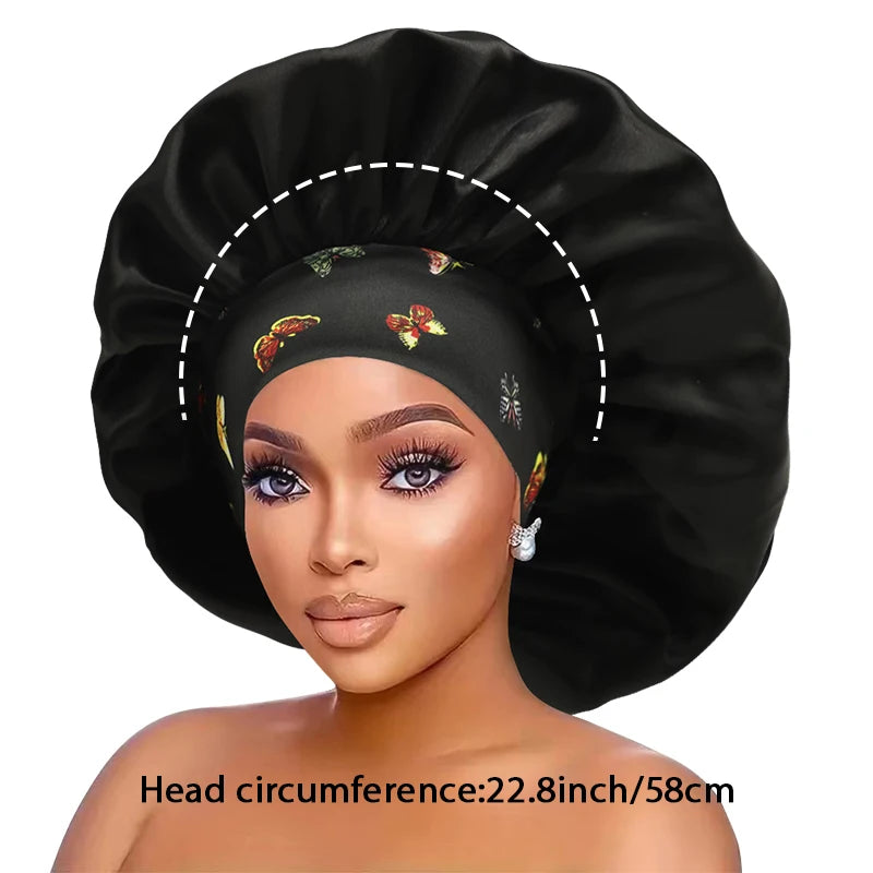 Women's Butterfly Design Silk Sleep Cap Wide-Tie Milk Bonnet Single Piece Hair Accessory