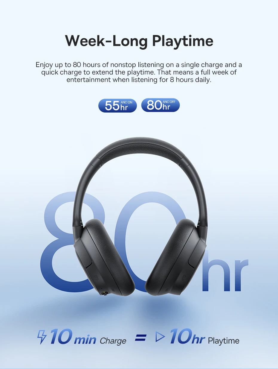 Baseus Bass Wireless Headphones Bluetooth 6.0 98% Noise Canceling Over Ear Headset Spatial Audio Earphone 80H Time