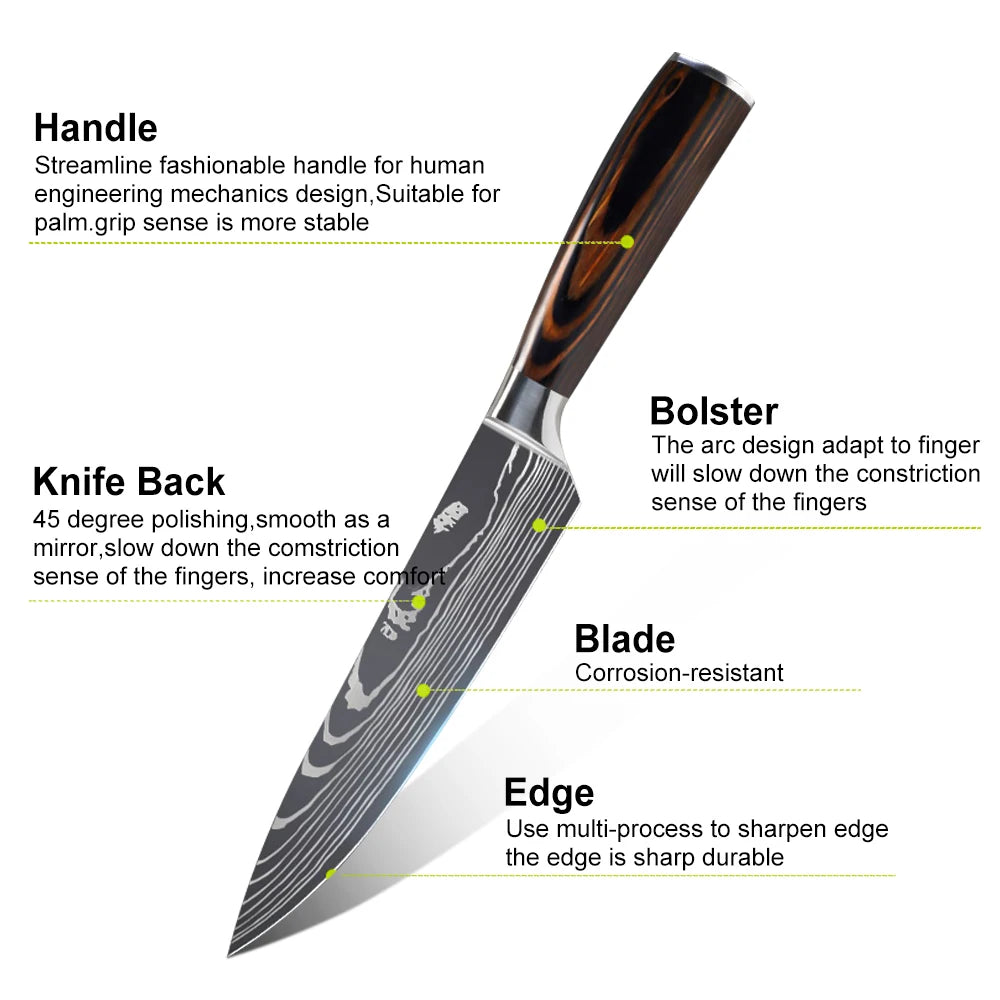 9 Types of Stainless Steel Kitchen Knife, Japanese Chef Knife, Meat Cleaver, Santoku, Bread, Boning, Slicing, Fruit Knife with Gift Box