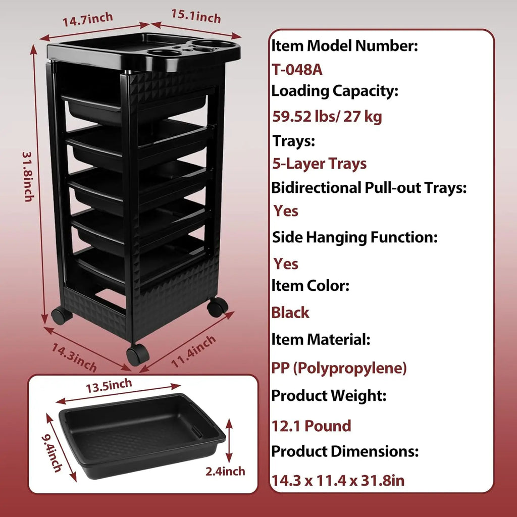 5-Tier Black Salon Hairdressing Rolling Cart with Wheels – Mobile Storage Trolley for Cosmetology, Makeup, Nail Supplies