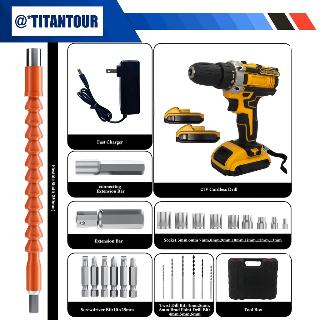 24-Piece Set Dual-Speed Dual-Battery Charger Lithium Drill Kit with LED Light And Carry Case - Electric Screwdriver with Tool Bo