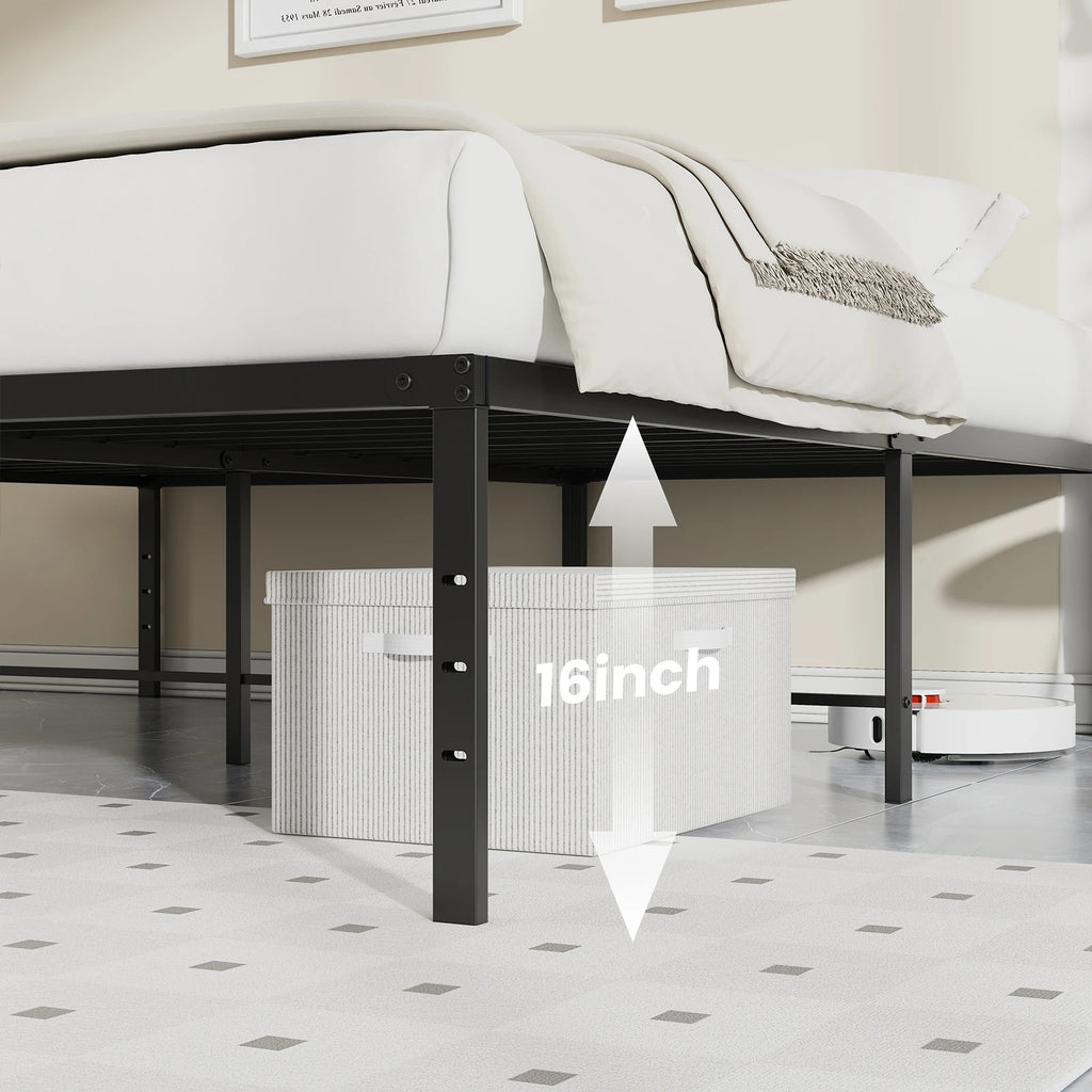 JHK Metal Platform 16IN Tall Basic Bed Frame Sturdy Steel Heavy Duty with Storage Space Bedroom Frames Slat Support For Home