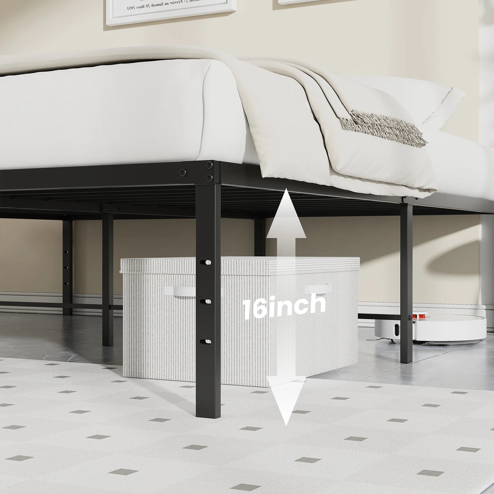 JHK Metal Platform 16IN Tall Basic Bed Frame Sturdy Steel Heavy Duty with Storage Space Bedroom Frames Slat Support For Home