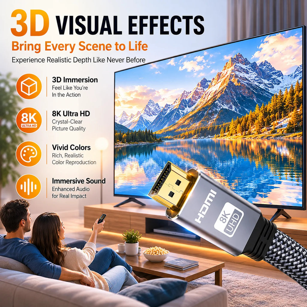 8K HDMI 2.1 Cable, 48Gbps Flat Braided HDMI Cord, Supports 8K60Hz and 4K120Hz, Aluminum Alloy Shell for TV, Monitor, Projector
