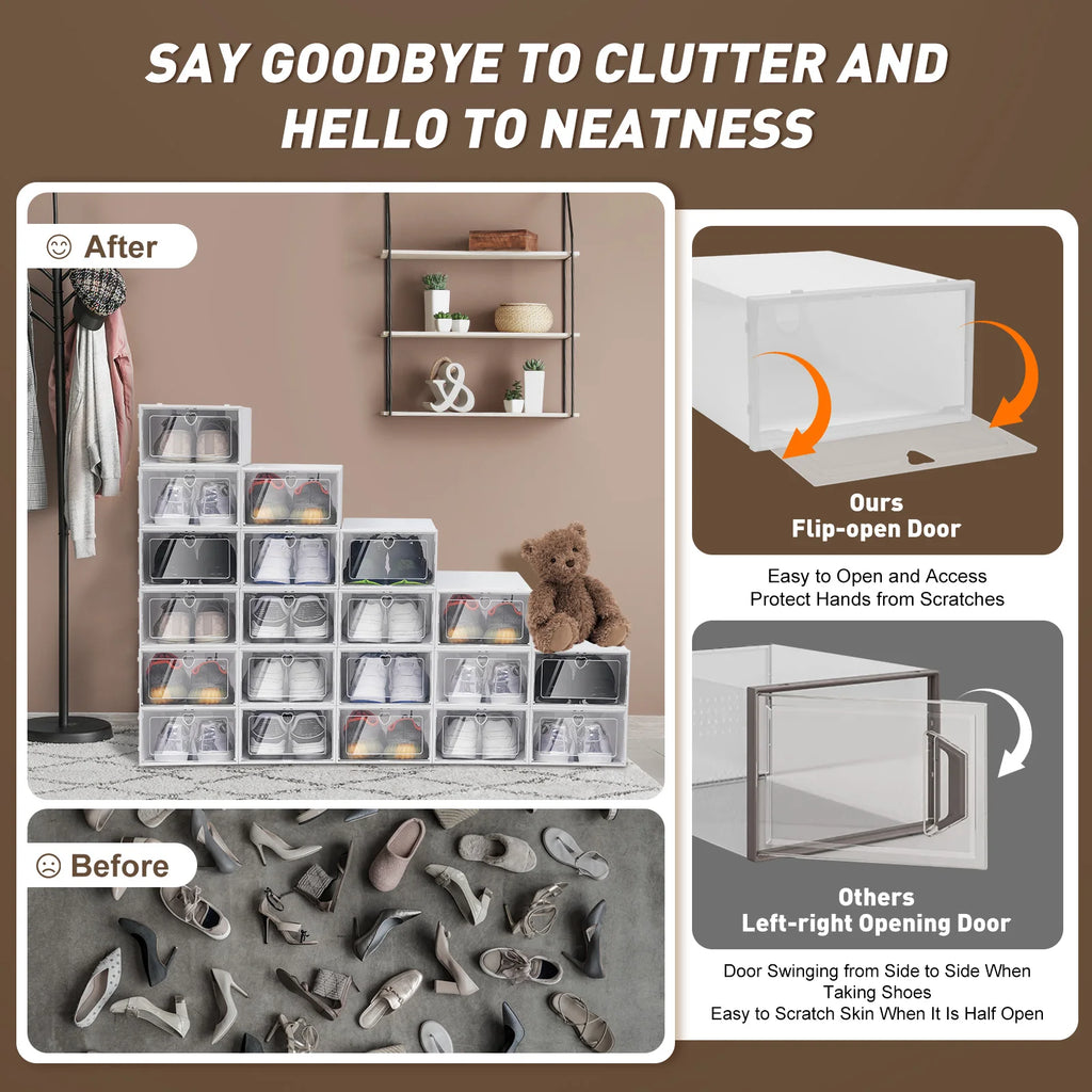 20Pcs Foldable Flip Shoe Storage Boxes Clear Plastic Shoes Case Shoe Organizer Dustproof, 33*23*14cm