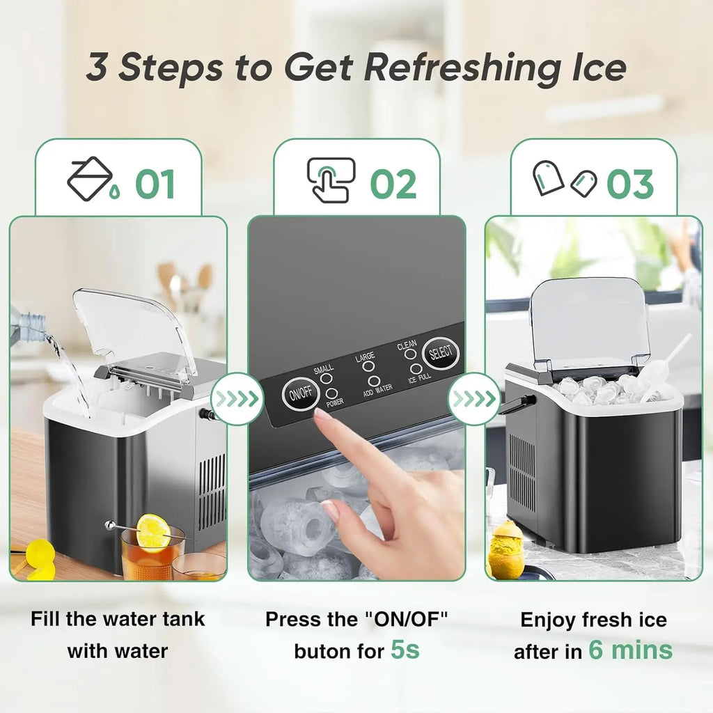 Portable Countertop Ice Maker, 26lbs/24H, 9 Cubes in 6 Mins, Self-Cleaning, Quiet for Home Kitchen RV Camping - Nexvibe