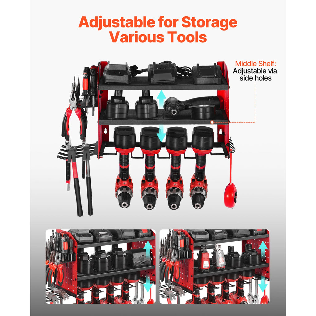 SucceBuy 3-Layer Power Tool Wall Mount Holder Pegboard Wall Storage Tool Set Drill Screwdriver Storage Rack for Workshop/Garage