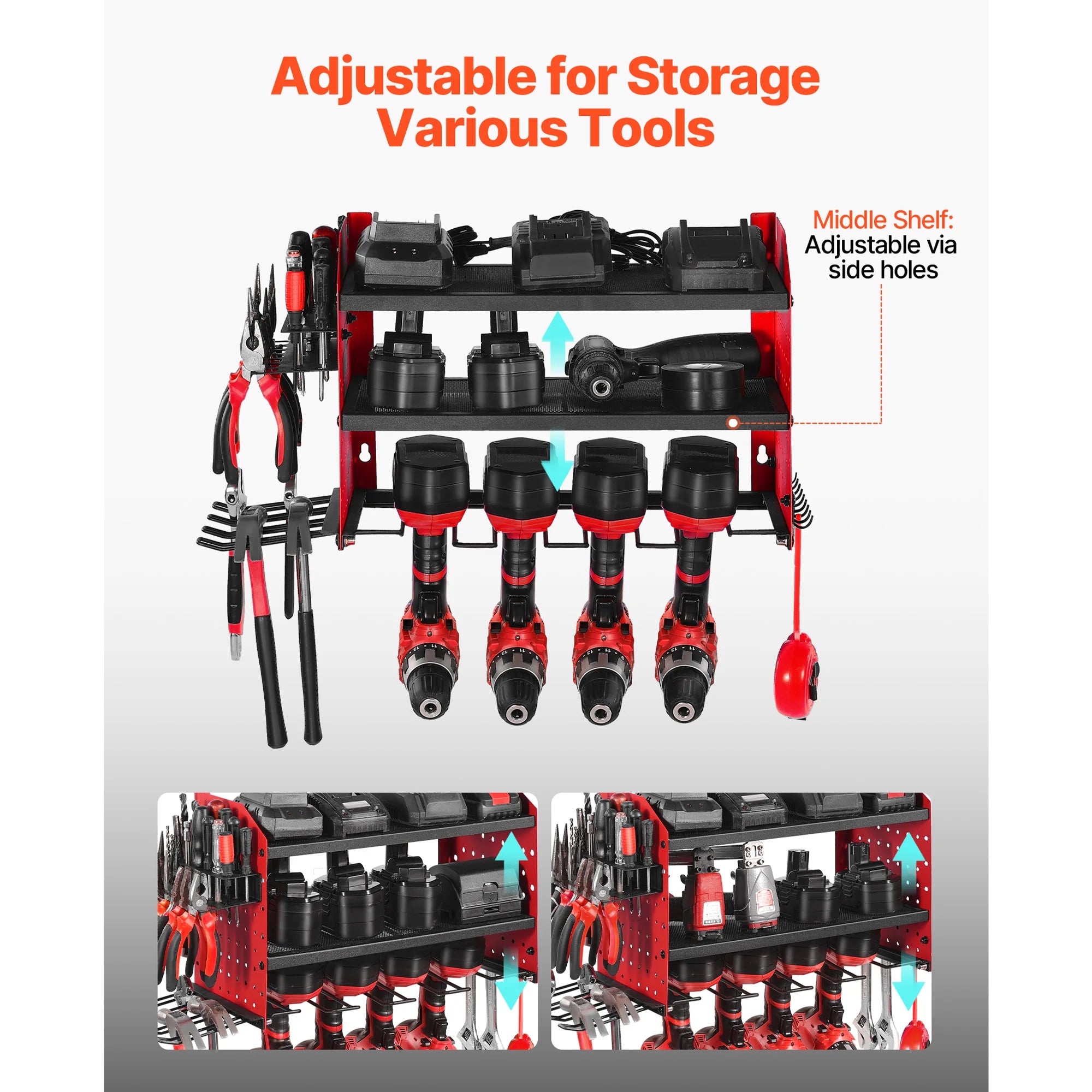 SucceBuy 3-Layer Power Tool Wall Mount Holder Pegboard Wall Storage Tool Set Drill Screwdriver Storage Rack for Workshop/Garage