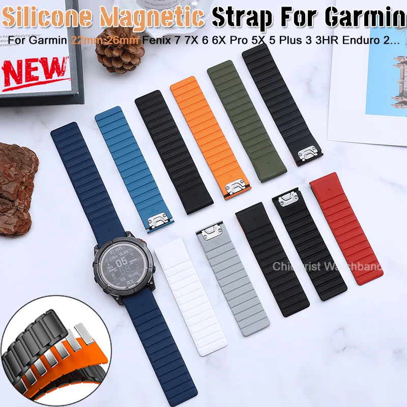 Magnetic Silicone Strap For Garmin Fenix 8 47mm 51mm 7 7x 6 6X Pro 5X 5Plus 22/26mm QuickFit Bracelet For Gen 2/Descent Mk1 Band