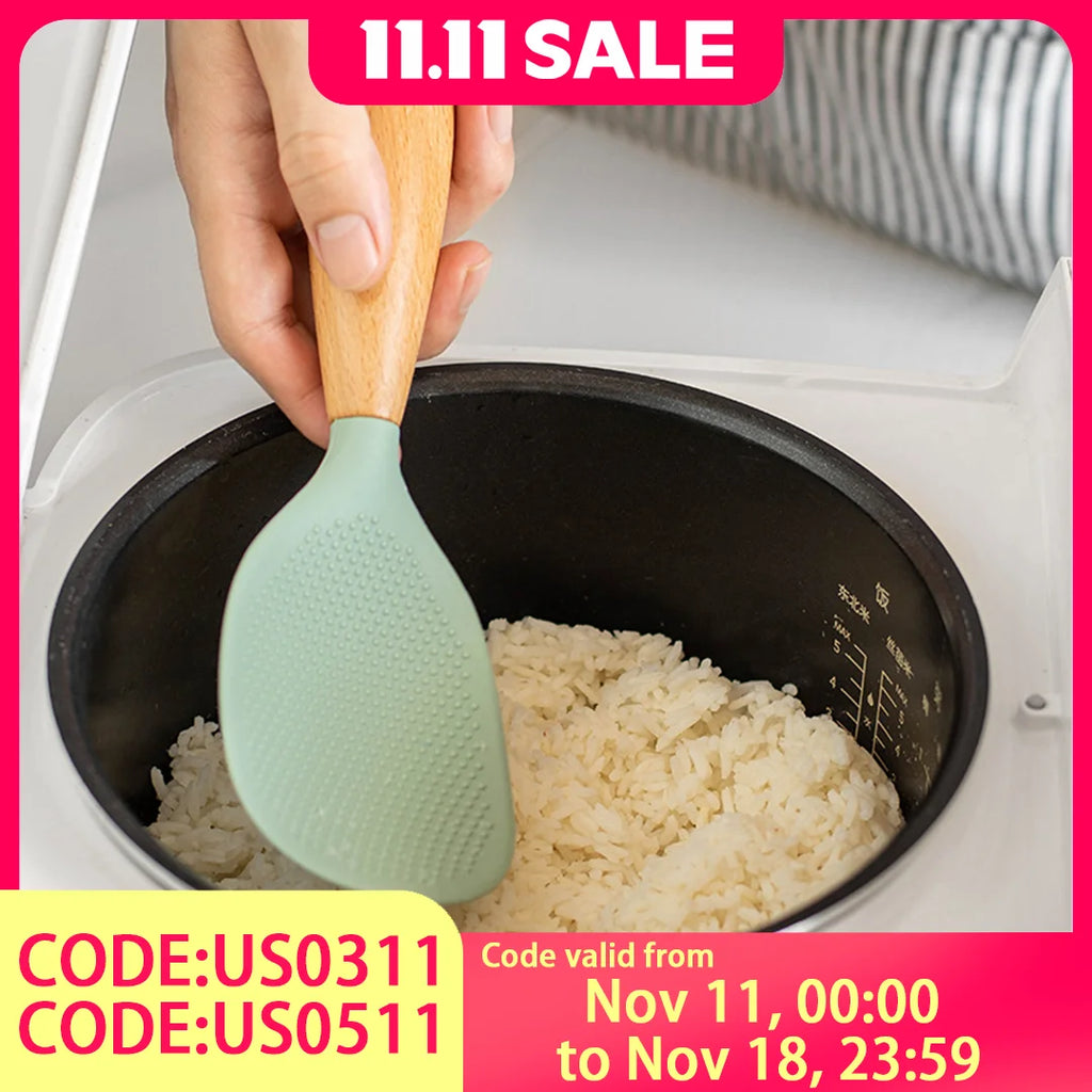 Wooden Handle Silicone Rice Spoon, Heat-Resistant, Anti-Scald, Odor-Free, for Home & Restaurants