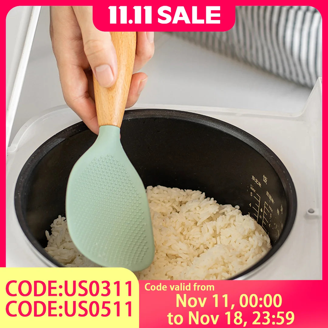 Wooden Handle Silicone Rice Spoon, Heat-Resistant, Anti-Scald, Odor-Free, for Home & Restaurants