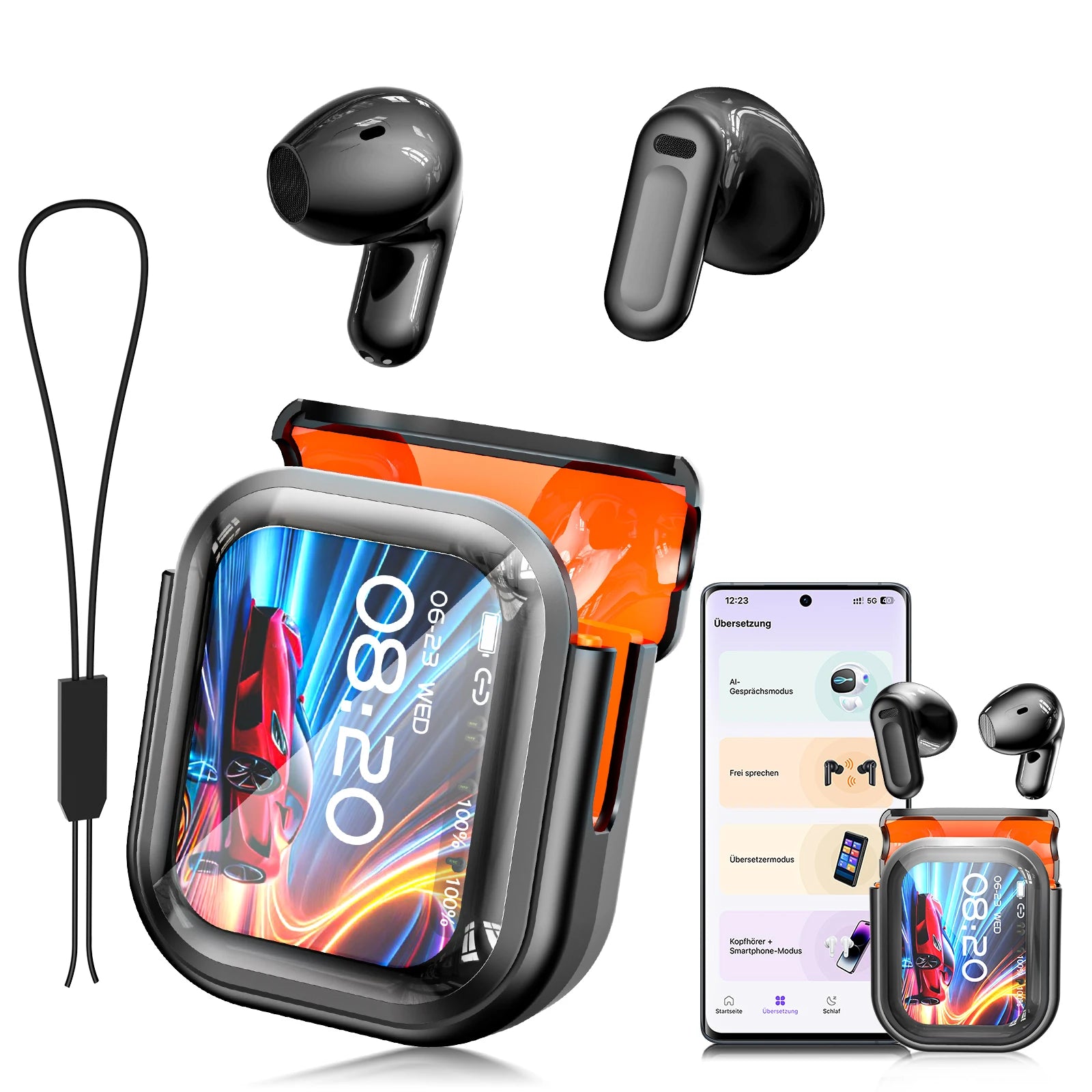 HTC NE20 Wireless Earphones Active Noise Cancelling 32dB ANC Bluetooth Headset HiFi Stereo Bass Sound LED Digital Touch Control Screen Smart Display Music Playback Volume Adjustment Low Latency Gaming Earbuds Waterproof IPX4