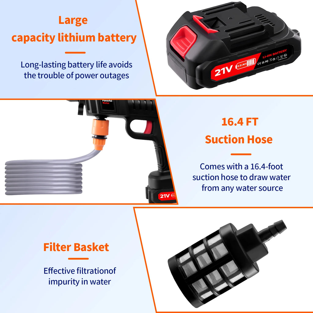 21V Cordless High Pressure Washer 60Bar Portable Wireless Cleaner with 2 Batteries Foam Cannon & Nozzles Handheld Washer for Car Garden Patio Outdoor Cleaning