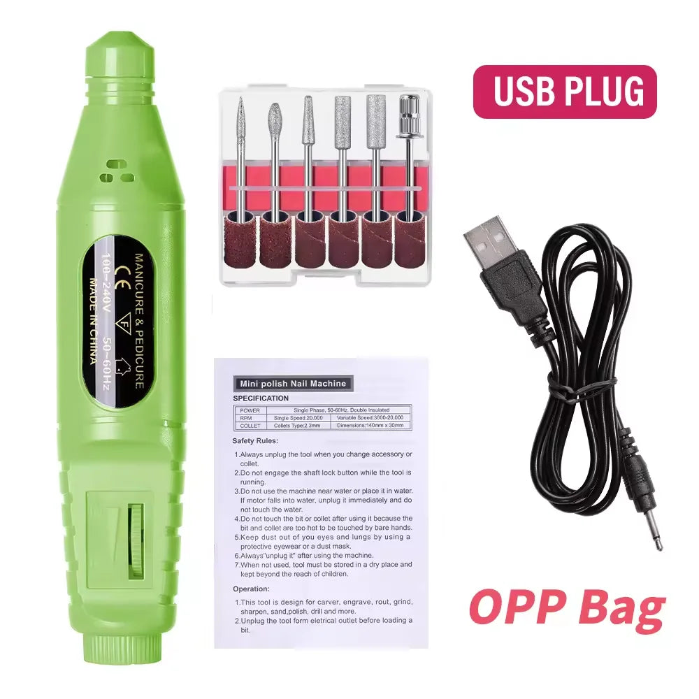 6 In 1 Electric Nail Drill Set Portable Nail Grooming Tool Includes Drill Bits Power Cord Suitable for Nail Filing and Buffing