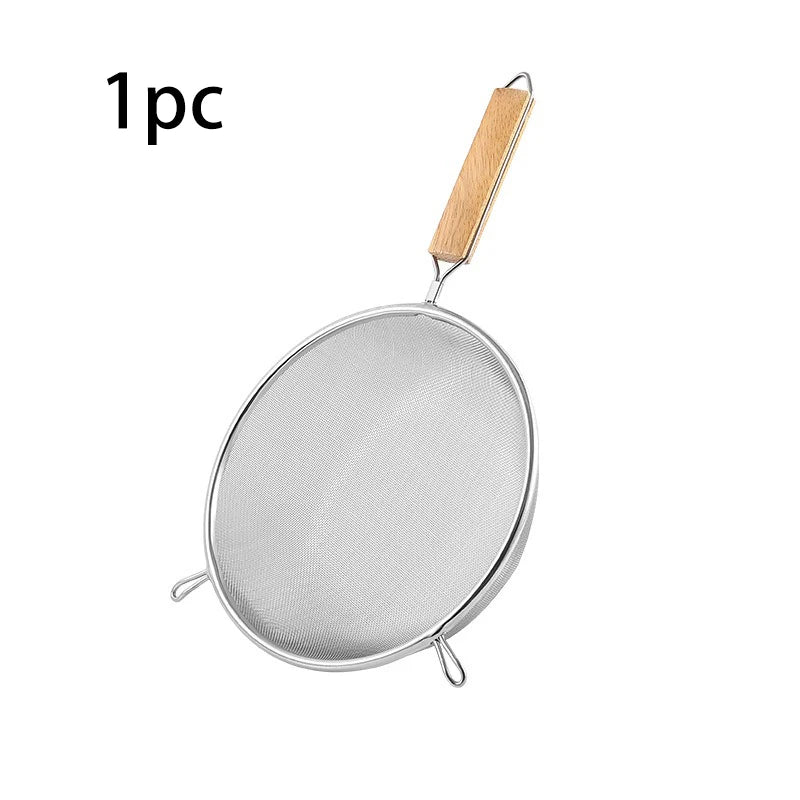 Stainless Steel & Wood Dual Handle Strainer Spoon. 30x17cm, for Pasta, Dumplings, Skimming, Durable