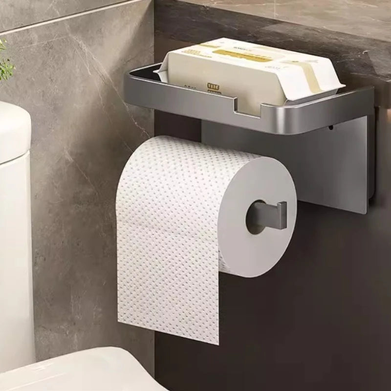 ‌Wall-Mounted Toilet Paper Holder with Phone Rack - No Hole Installation, Space-Saving Storage for Bathroom, Sturdy Stand