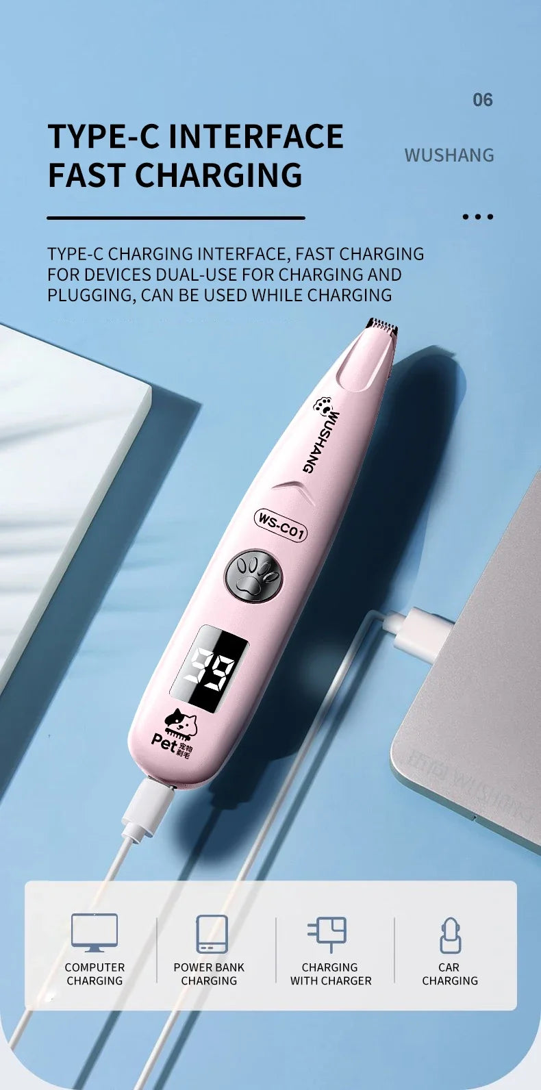 Pet Dog Electric Groomer Trimmer with LED Light Waterproof Pet Foot Hair Trimmer Low Noise Cat Dog Face Foot Ear Hip Paw Shaver