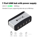 EU/US Plug USB Hub 7 Ports Splitter USB 2.0 Plug and Play Support 1.5/12/480Mbps with Power Adapter for PC Computer and Laptop