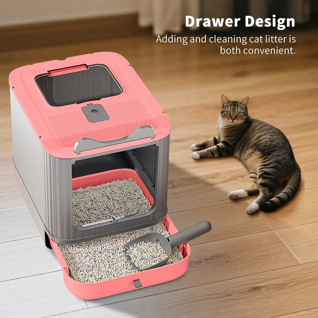 Foldable Cat Litter Box, Fully Enclosed Litter Box With Lid, Covered Kitty Kitten Litter Boxes Enclosure With Scoop, Odor Control, Easy To Clean, 3 Modes For Cat Up To 12 Lbs(White&Pink)