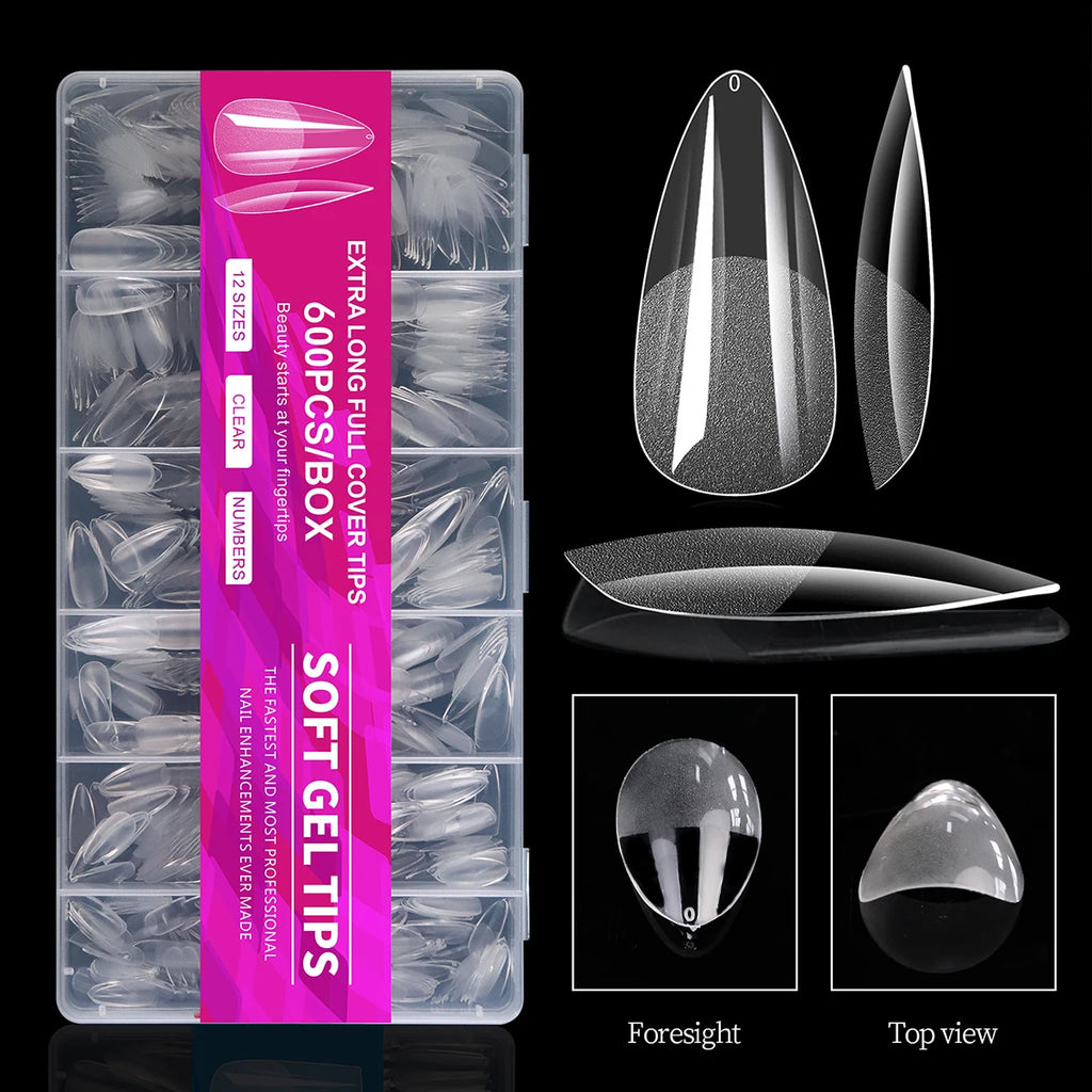 100/320/600Pcs Short Almond Nail Tips Soft Gel Nail Tips Full Cover False Nail Tips For Acrylic Nails  Salon Home Press On Nails