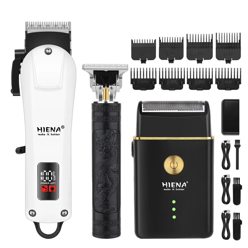 HIENA Professional Barber Kit Electric Hair Clipper Beard Shaver Detail Trimmer Cordless Rechargeable Titanium Blades for Home